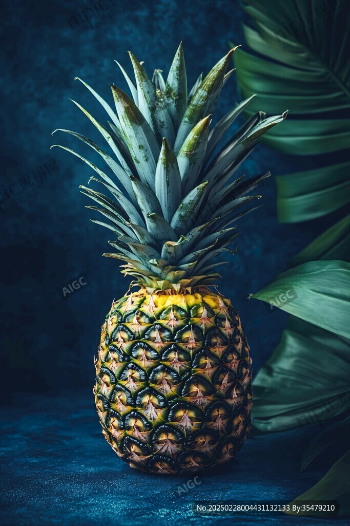 菠蘿與熱帶葉子的靜物畫