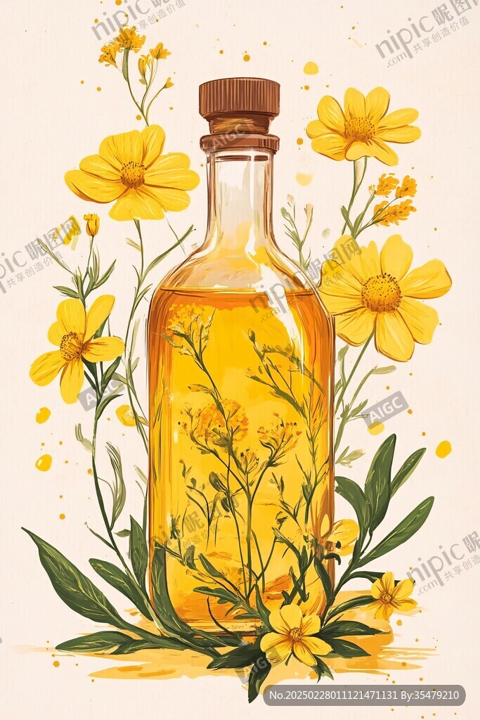 黃色花卉精油瓶插畫