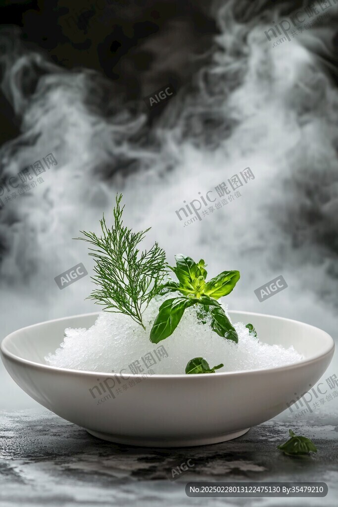 白色碗中的綠色植物和白色晶體