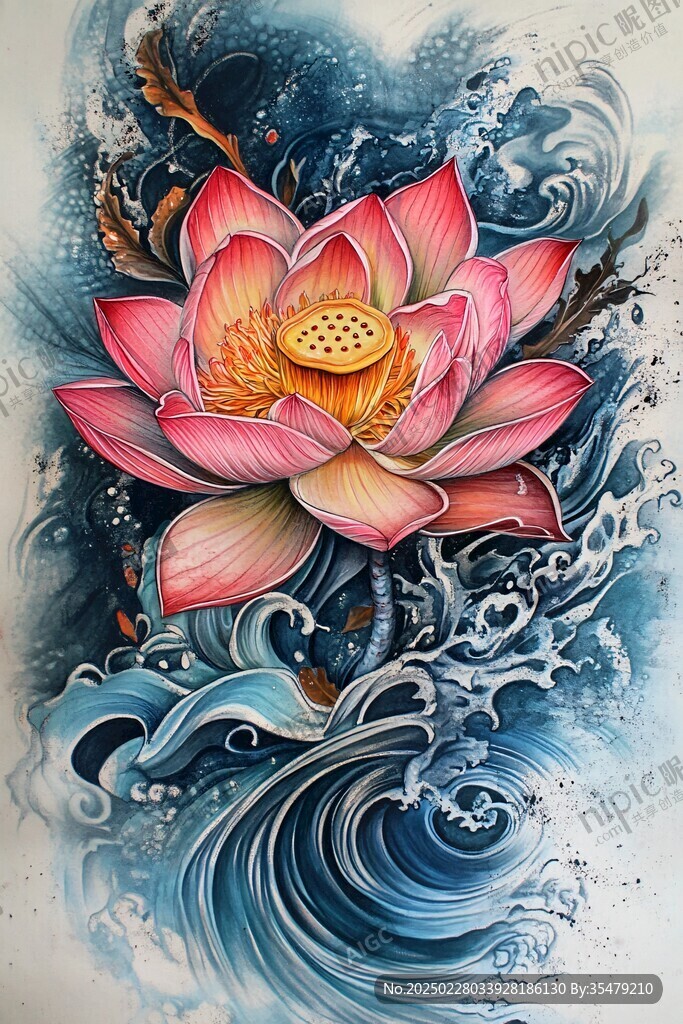 盛開的蓮花與海浪