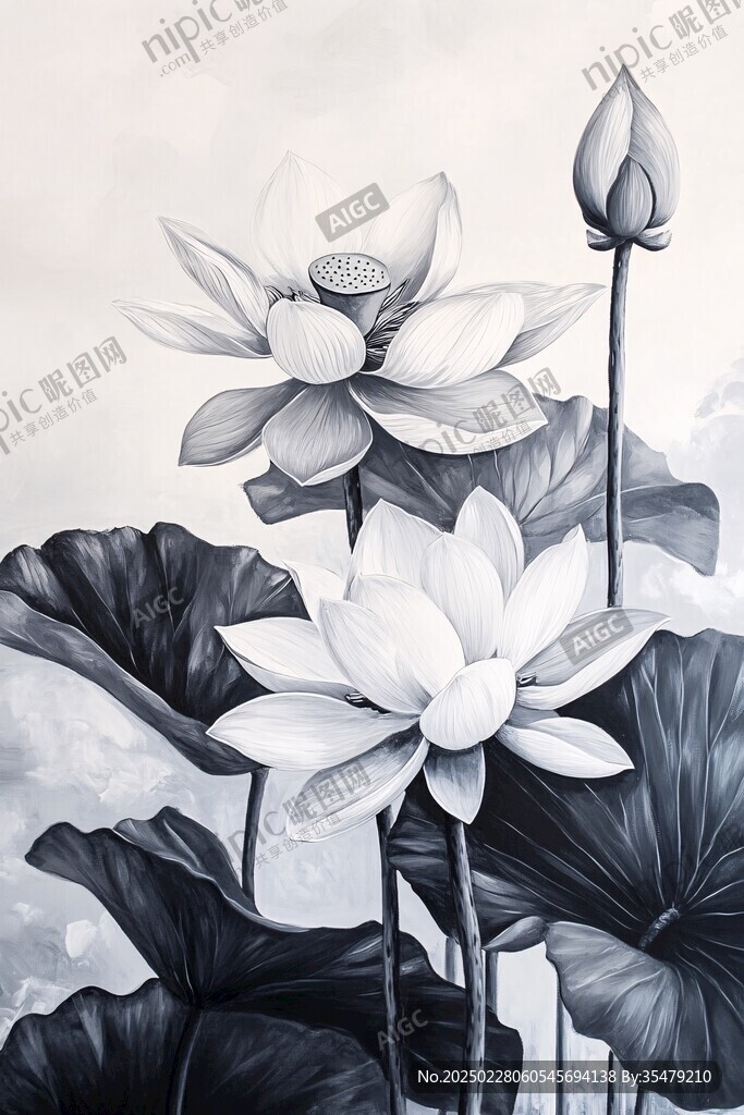 黑白荷花油畫