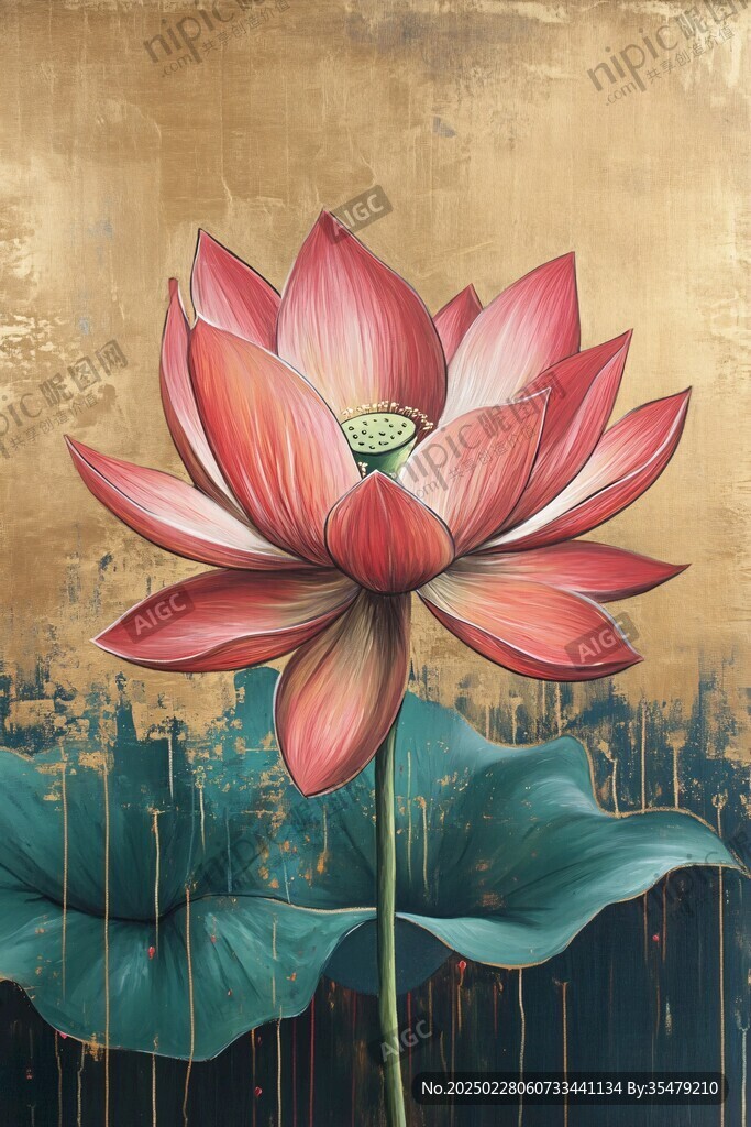 金色背景下的紅色蓮花