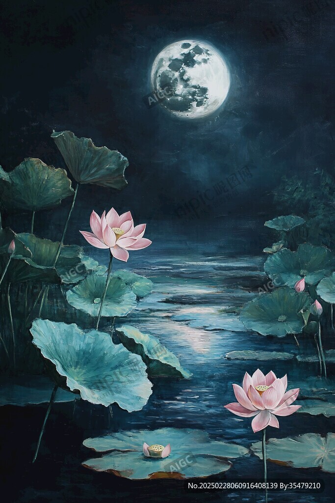 滿月映荷花