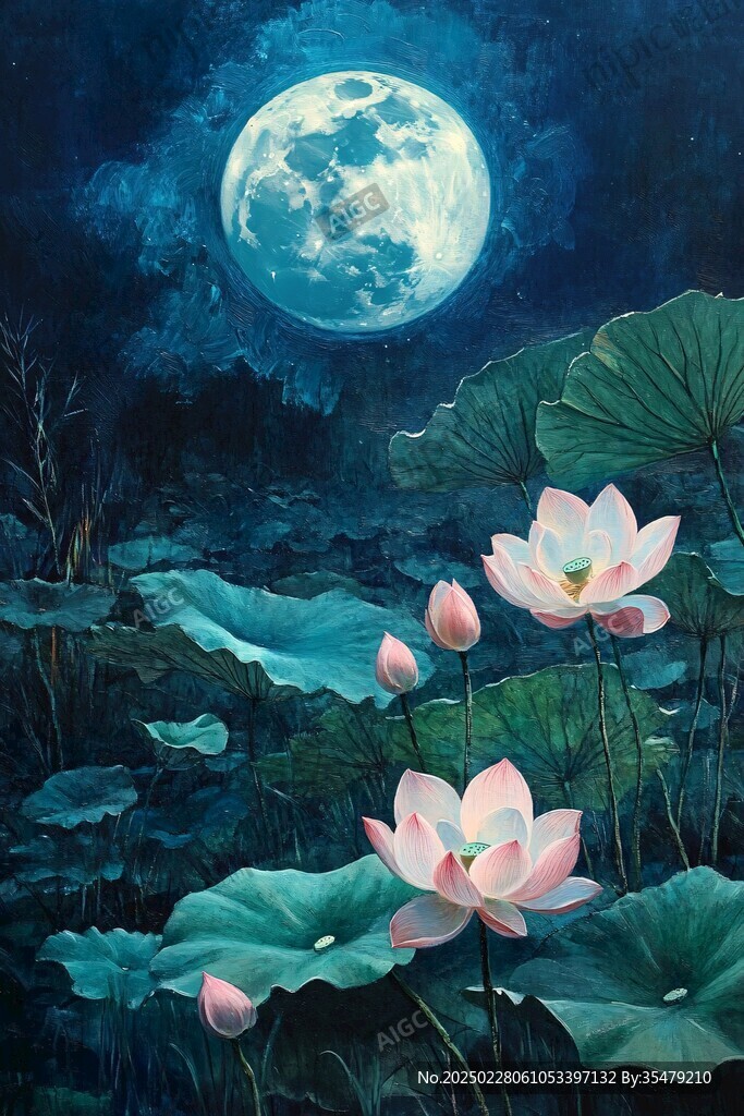 滿月映荷花