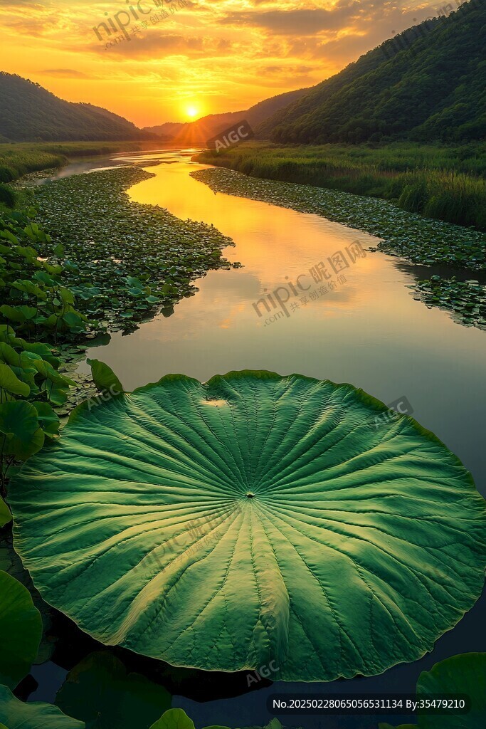 夕陽映照下的巨大荷葉