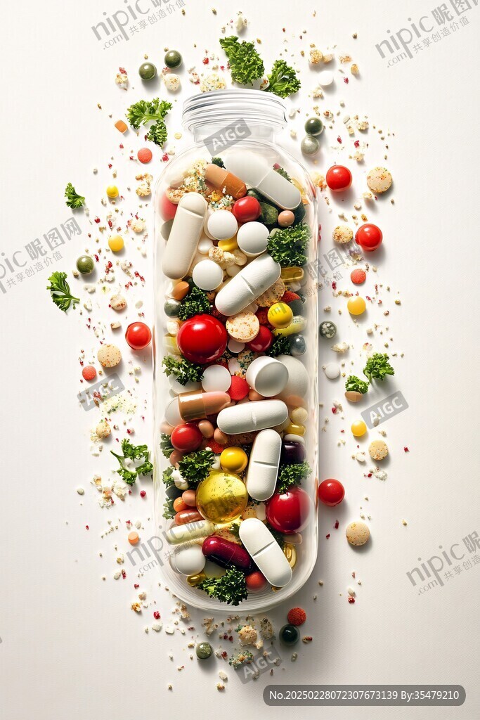 多彩維生素膠囊與新鮮蔬菜的組合