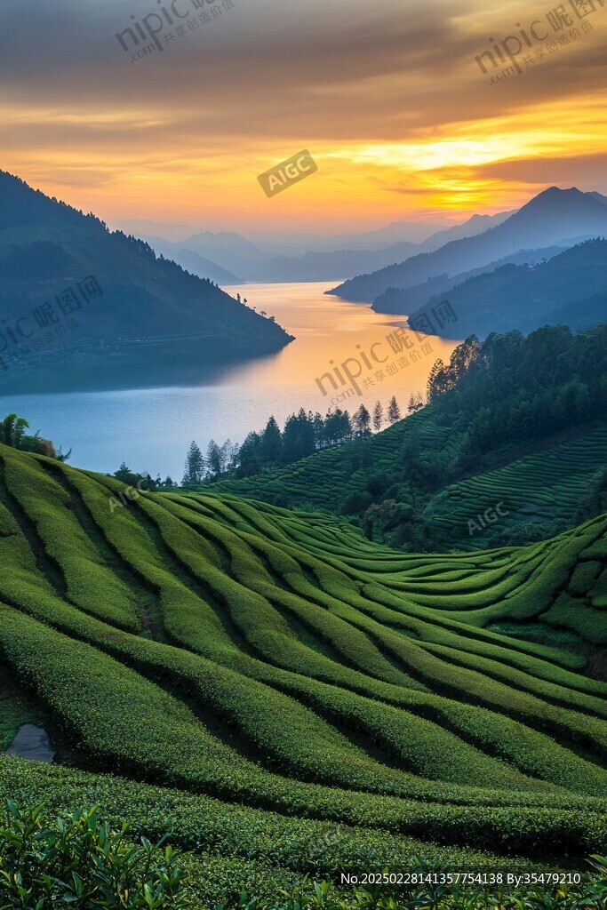 茶園日出 湖光山色