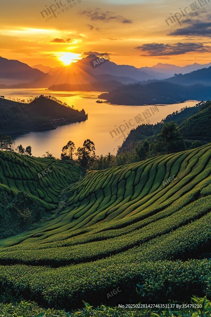 夕陽下的茶園風景