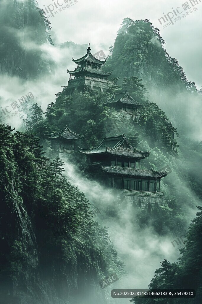 東方仙境之云霧繚繞的山寺