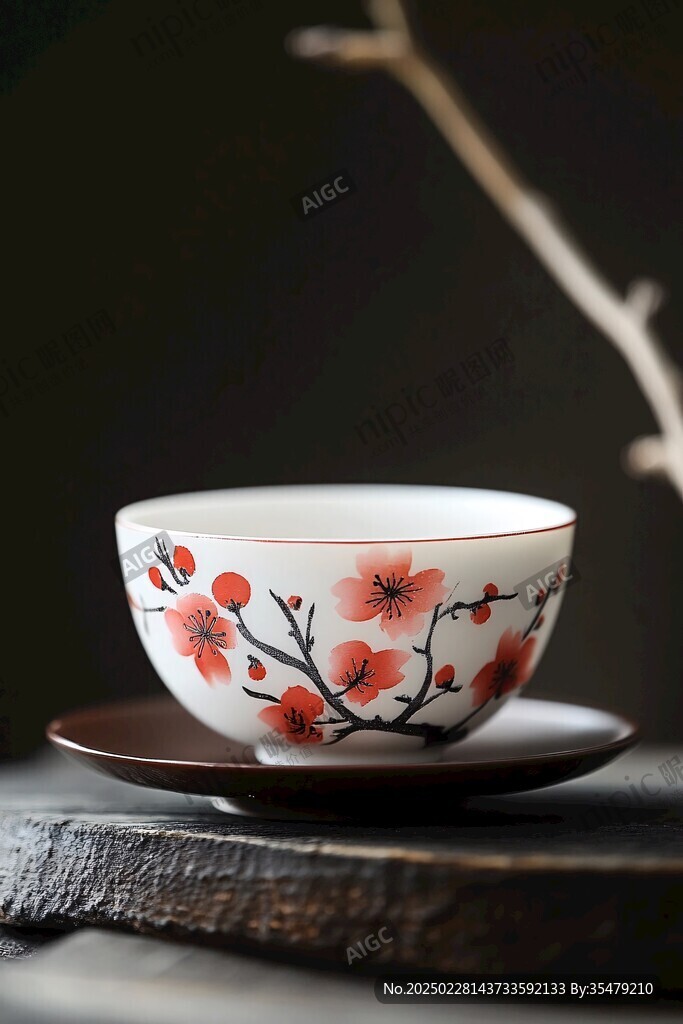 白色茶杯與梅花圖案