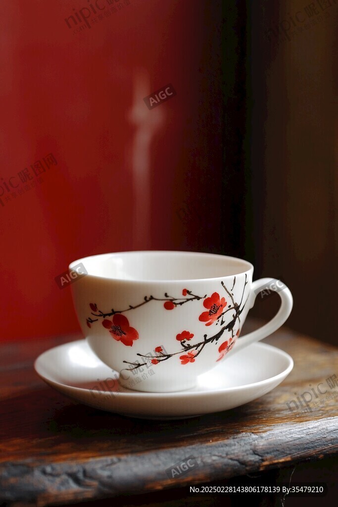 白色茶杯與紅色梅花圖案