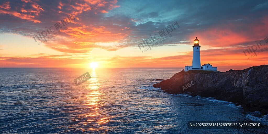 夕陽下的海岸線燈塔