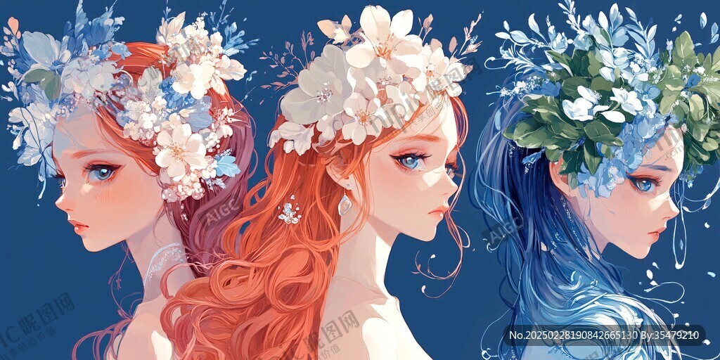 藍(lán)色 紅色 綠色花冠少女
