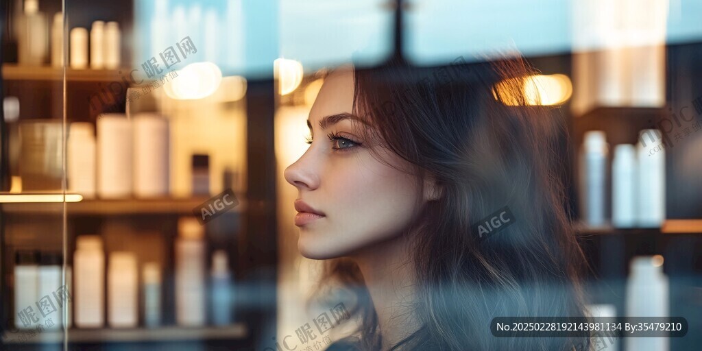 美麗的女子在玻璃窗前