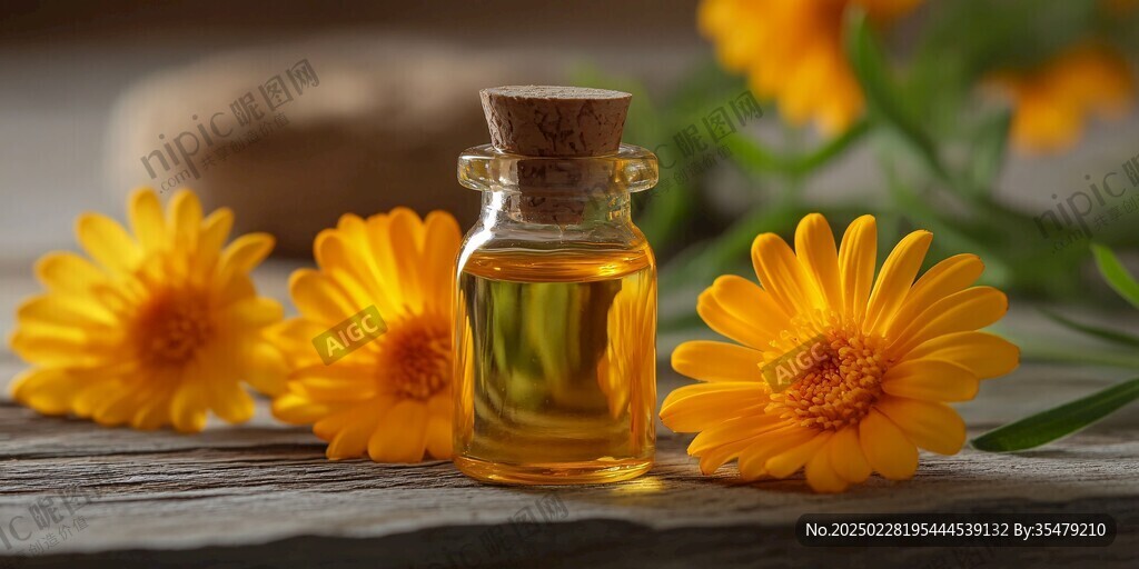 金黃色的精油與鮮花共舞