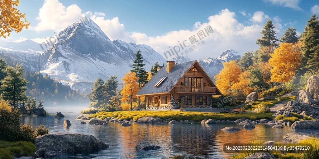 秋日山湖小屋