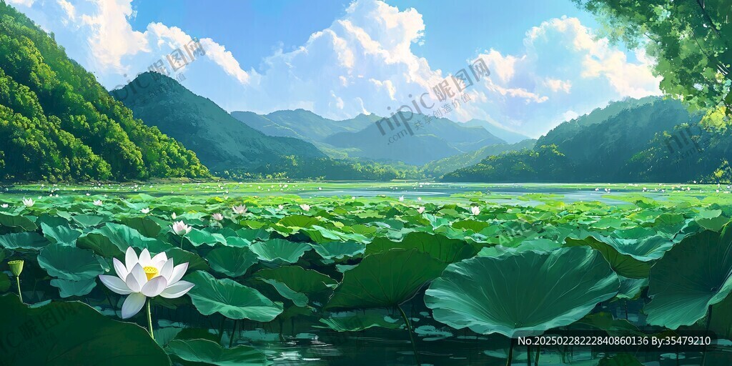 碧波蕩漾 山巒疊起 荷花盛開
