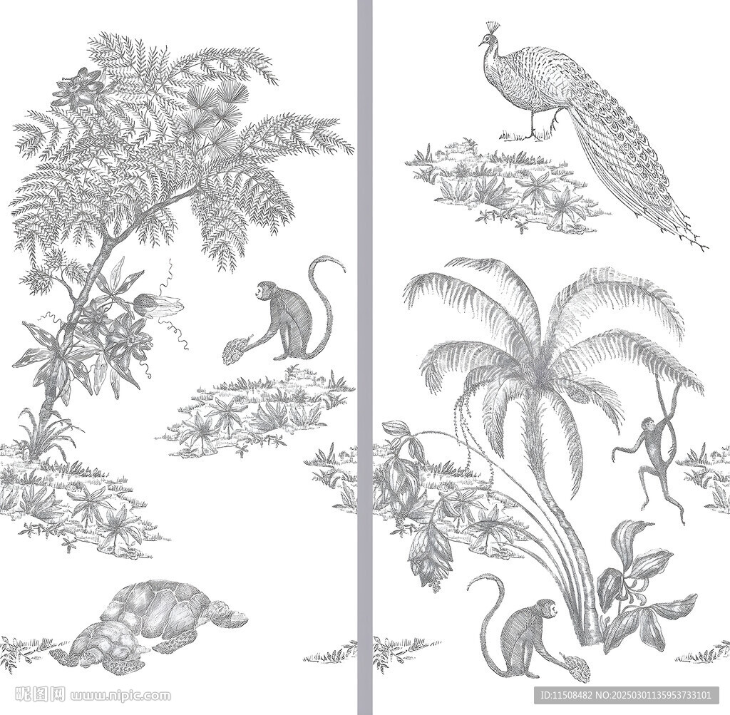 素描孔雀壁畫