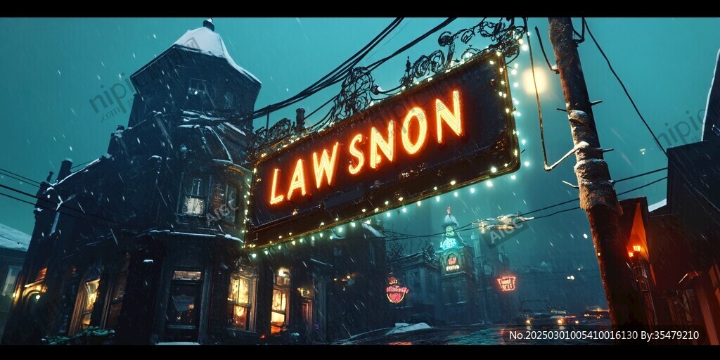 雪夜里的 Lawsnon 霓虹燈招牌