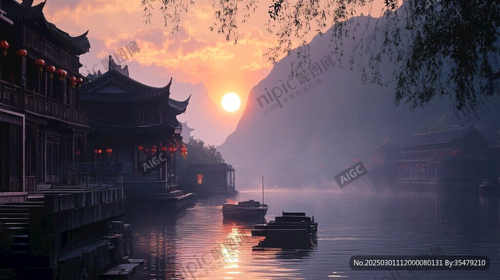 日落時(shí)分的江南水鄉(xiāng)