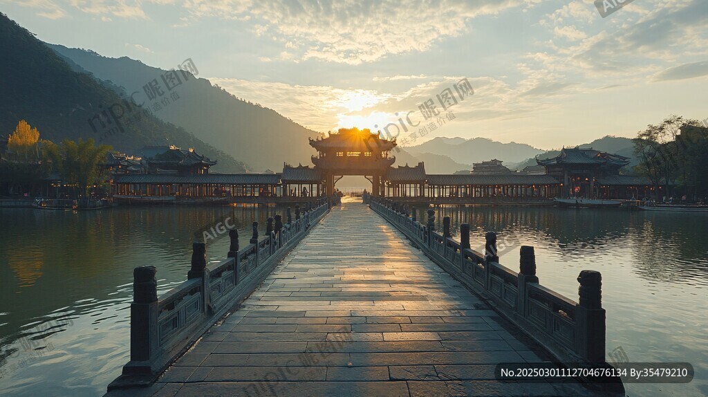 夕陽(yáng)下的廊橋風(fēng)景