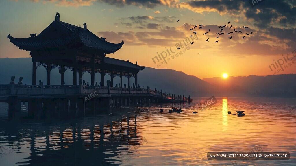 夕陽映照下的古代建筑與飛翔的鳥群