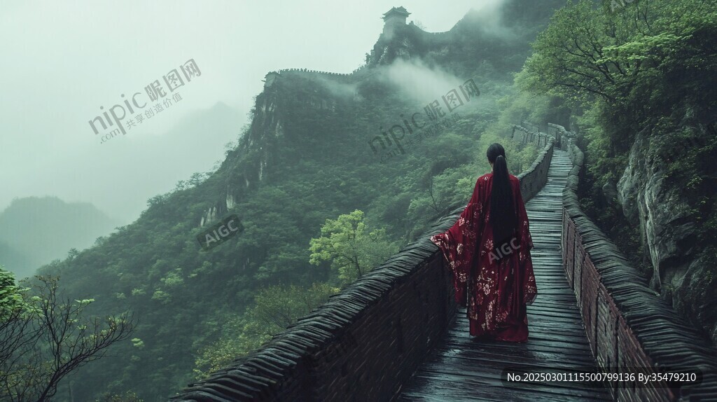 長(zhǎng)城上的紅衣女子