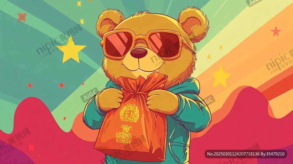熊熊夏日 戴著太陽鏡的泰迪熊和滿載著金幣的紅包