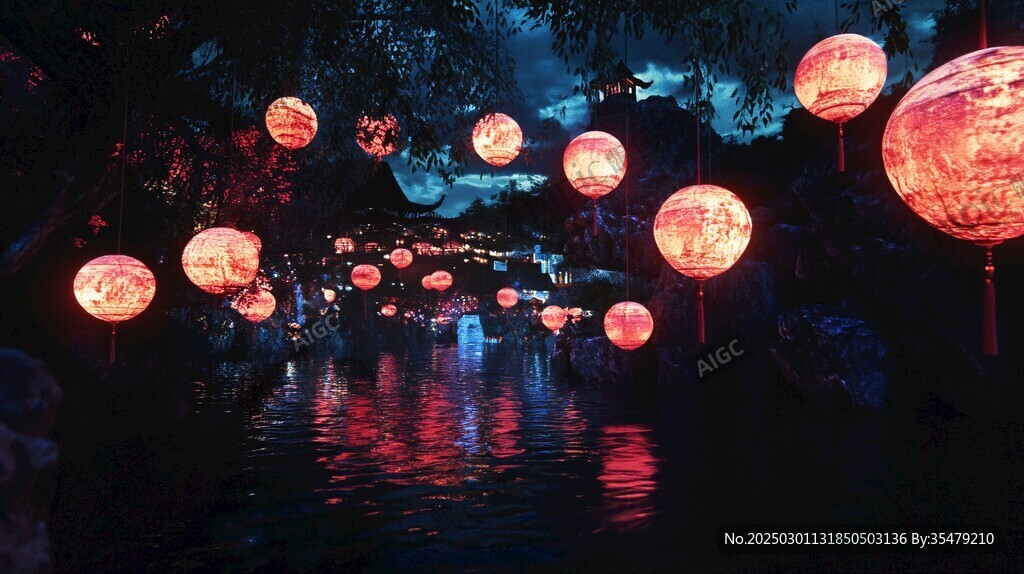 夜幕下的紅燈籠河畔
