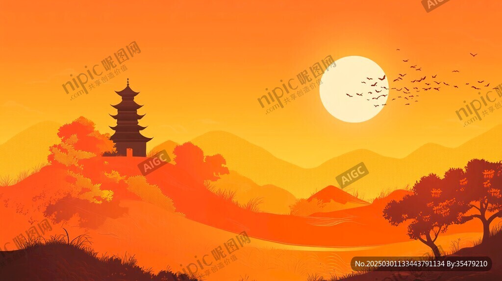 日出山亭鳥飛圖
