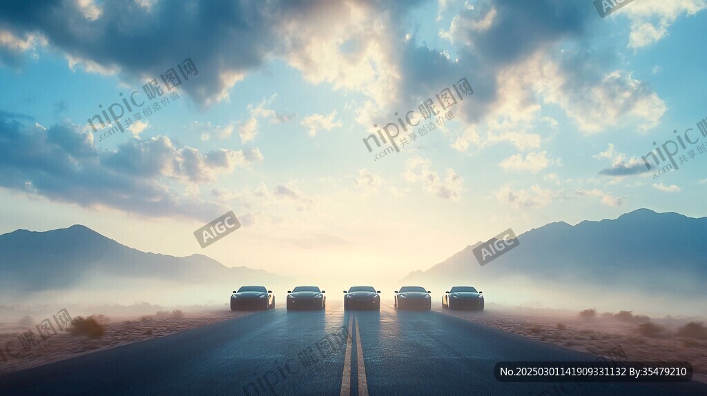 沙漠之路上的汽車與日落