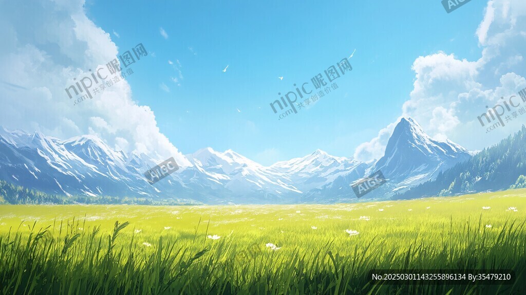 山谷中的綠色草地和雪山