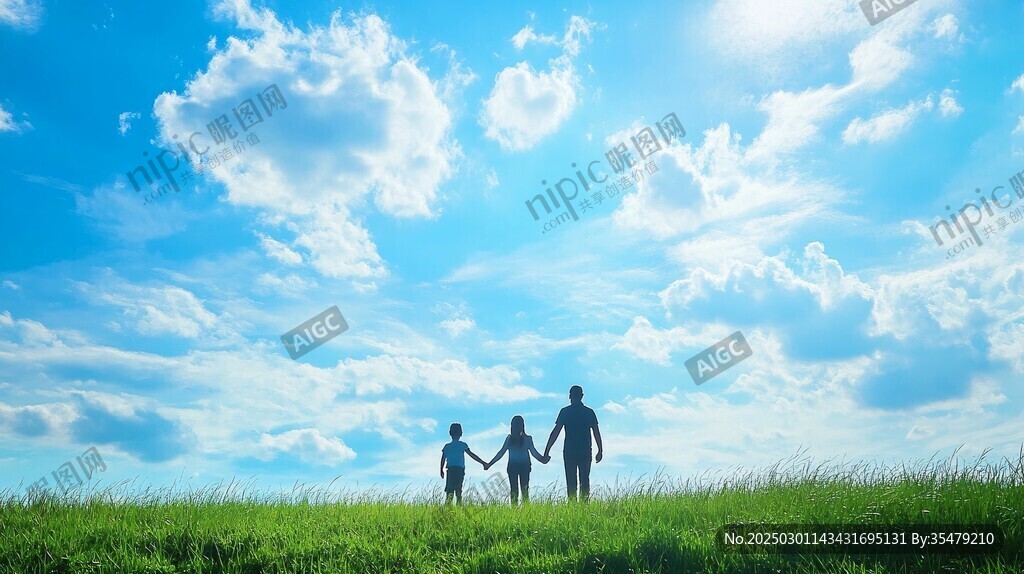 一家人在藍天下的草地上手牽手