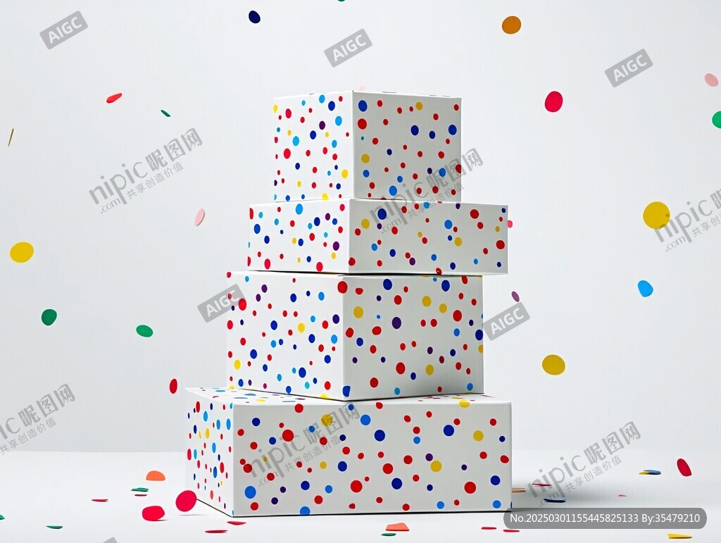 彩色圓點禮盒與五彩繽紛的紙屑