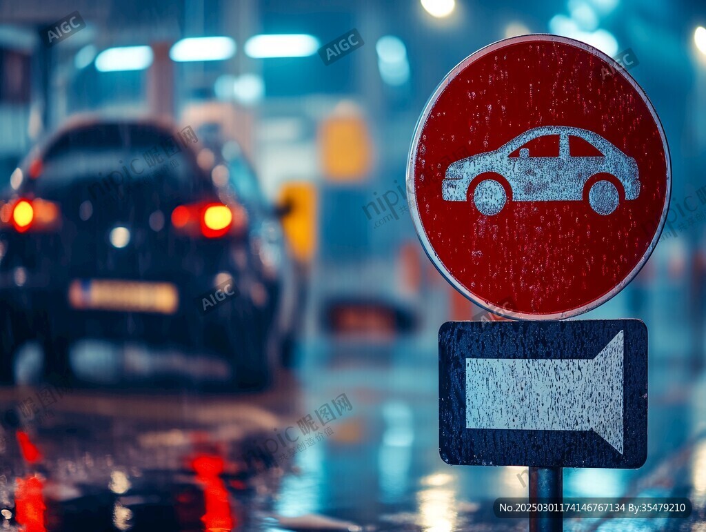 雨夜街道汽車指示牌