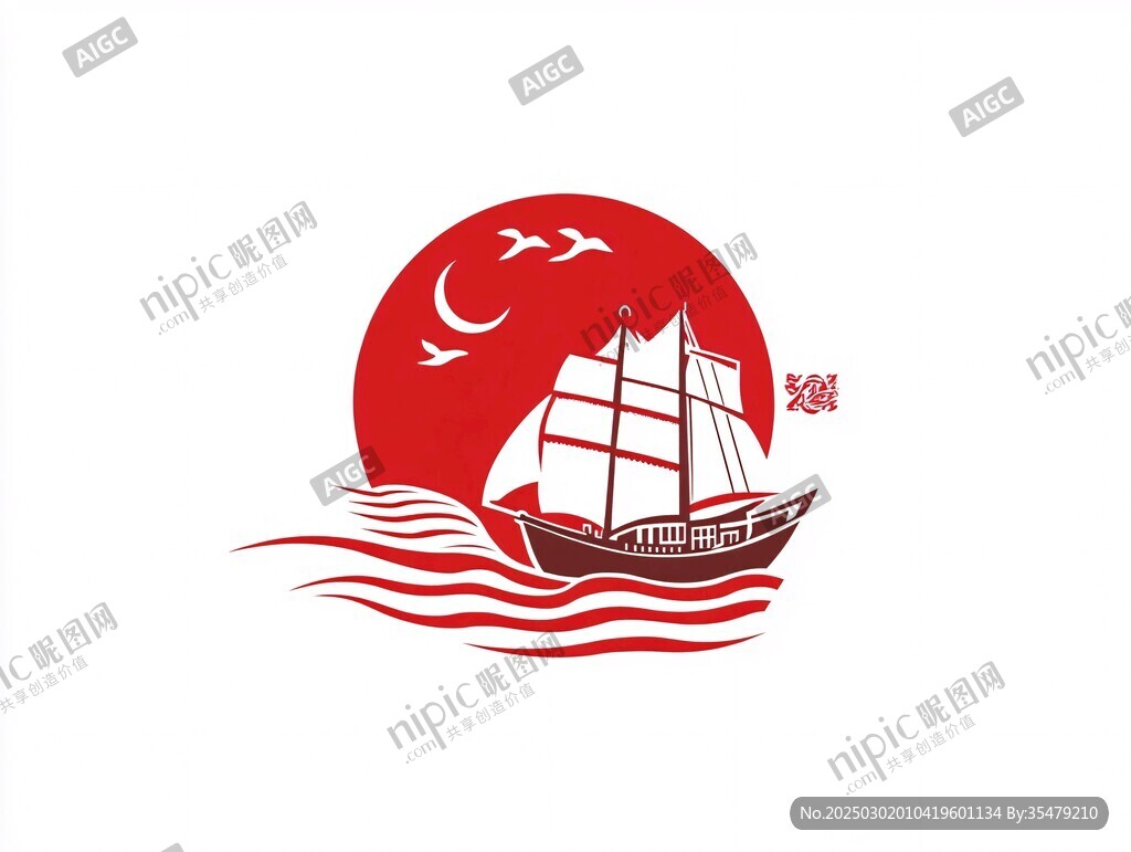 紅色帆船與月亮