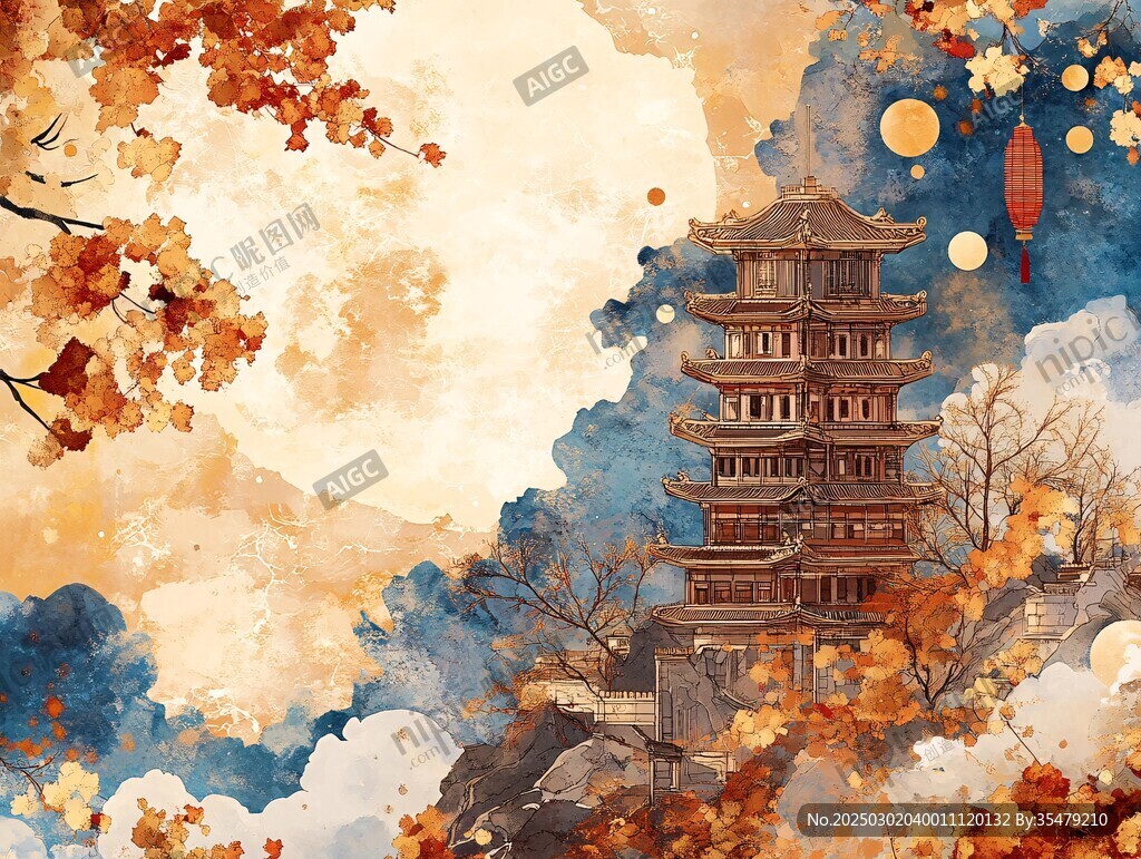 秋日古韻 云霧繚繞的山峰上的寶塔