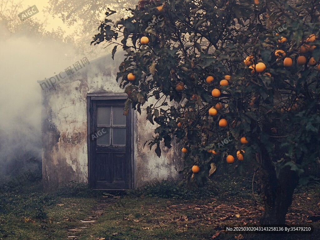 橙色迷霧中的古老小屋