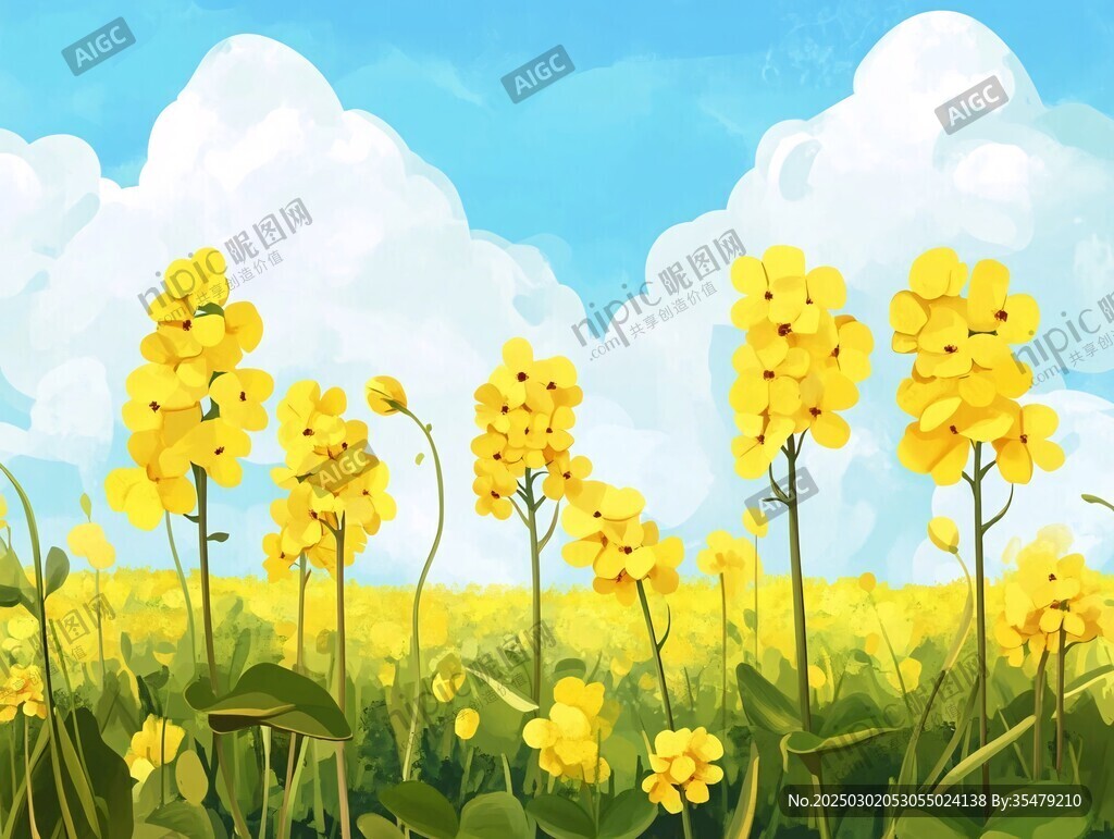 藍天白云下的黃色花海