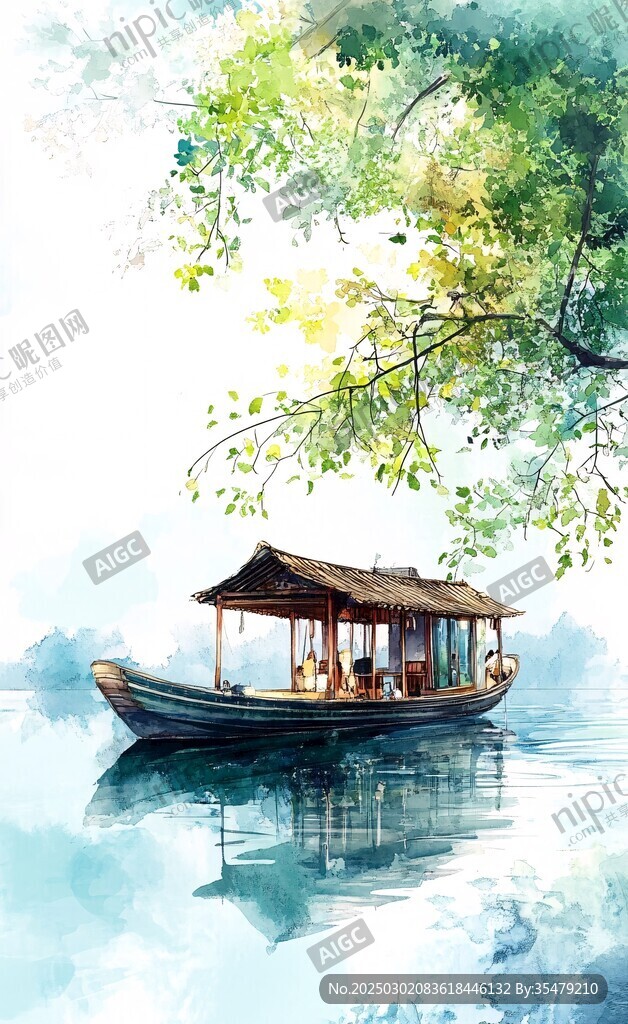 綠色小船 水面倒影