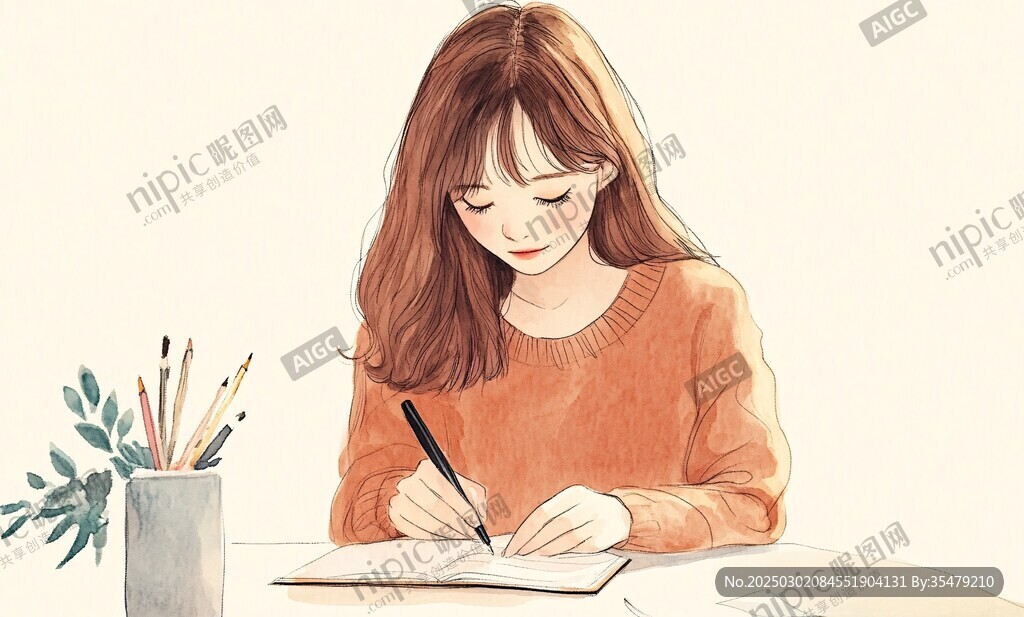 專注寫作的女孩