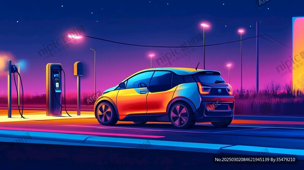 夜幕下的電動(dòng)汽車(chē)充電站