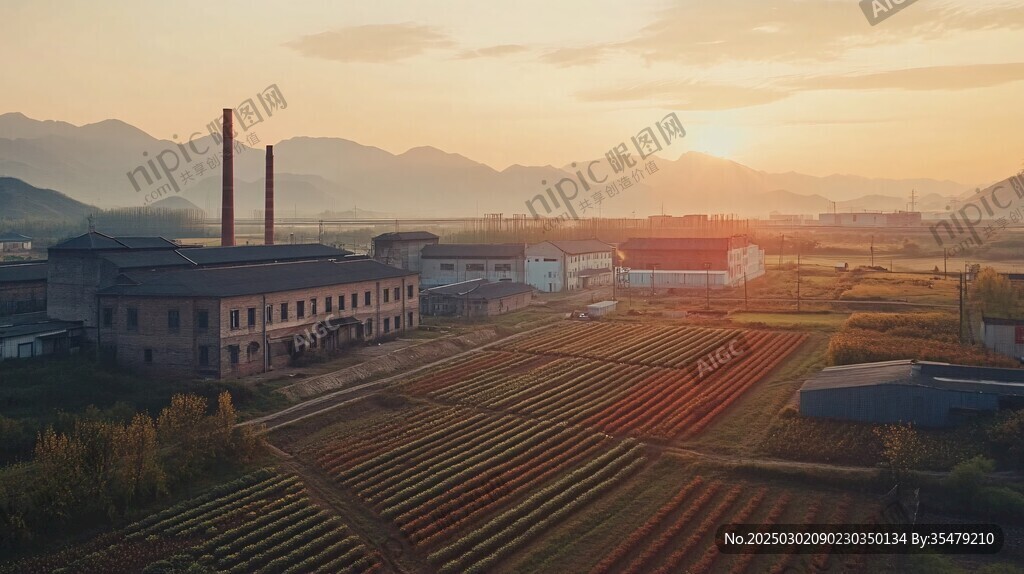 夕陽下的山谷工業與農業和諧共生