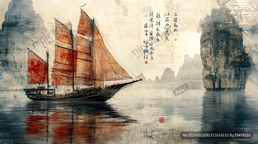 古風帆船畫