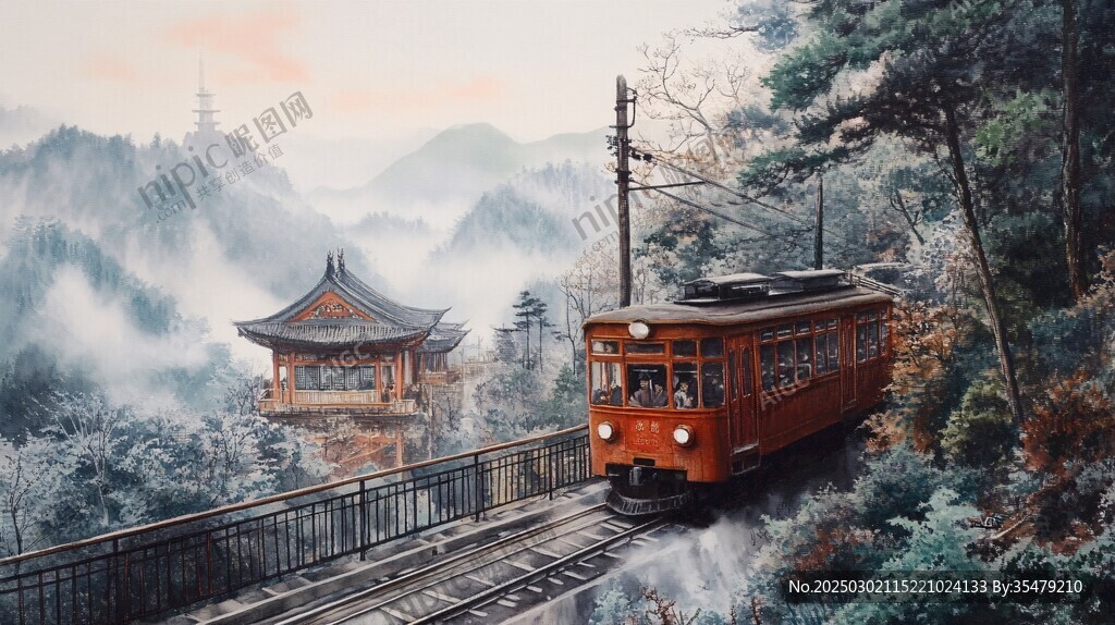霧中穿梭的紅色電車