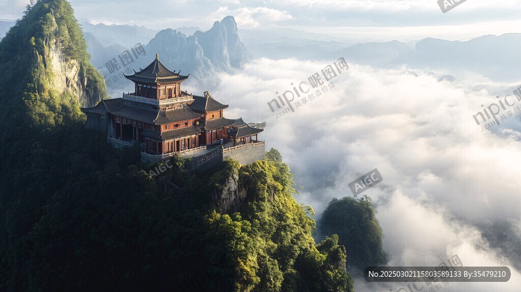 云霧繚繞的山頂寺廟