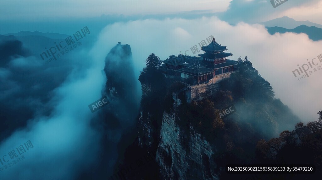 云霧繚繞的山頂古建筑