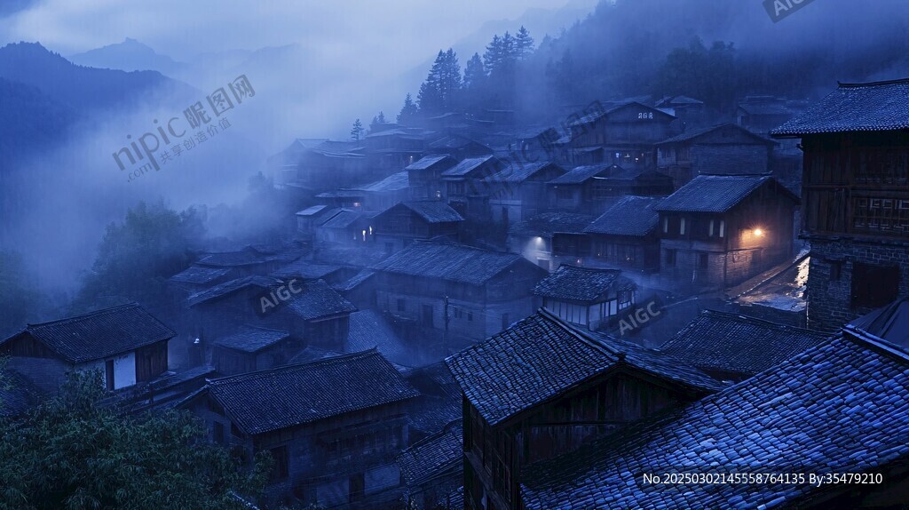山村夜色 霧氣繚繞