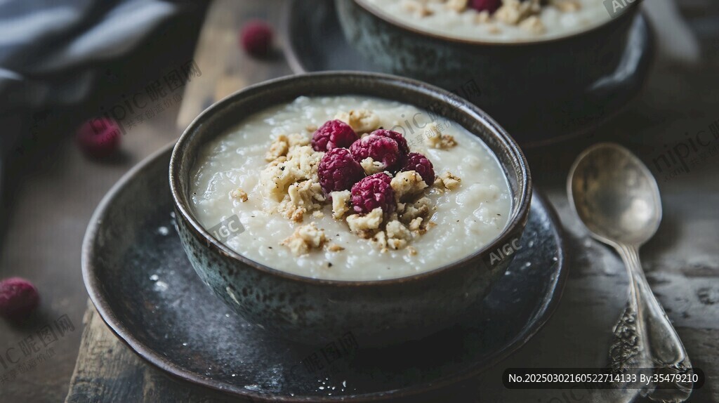 奶油米飯布丁 覆有覆盆子和碎堅(jiān)果