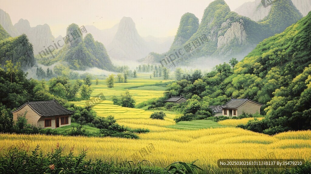 山谷中的農舍與金色稻田